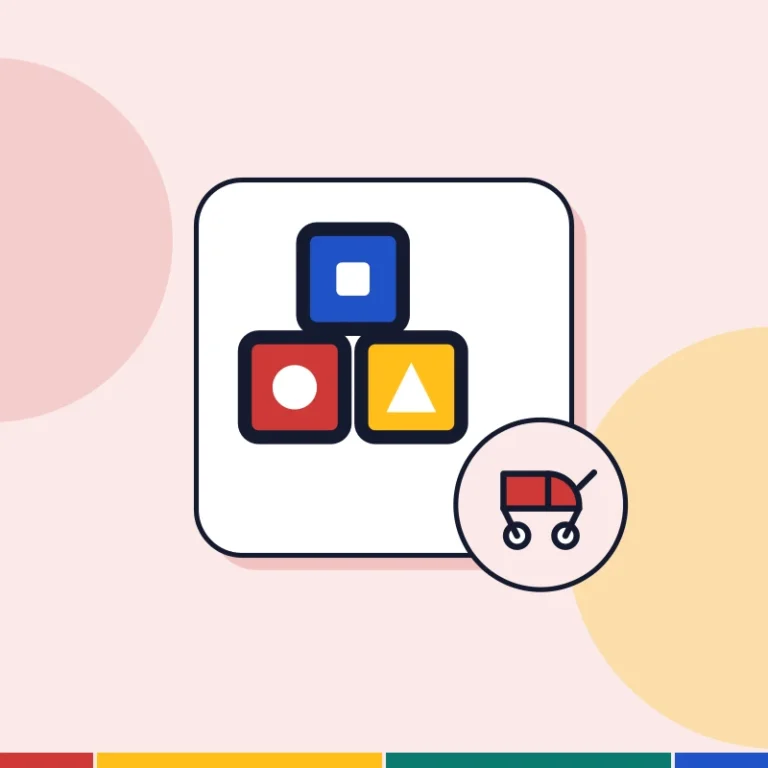 Illustration: toy blocks and a pram, for daycare