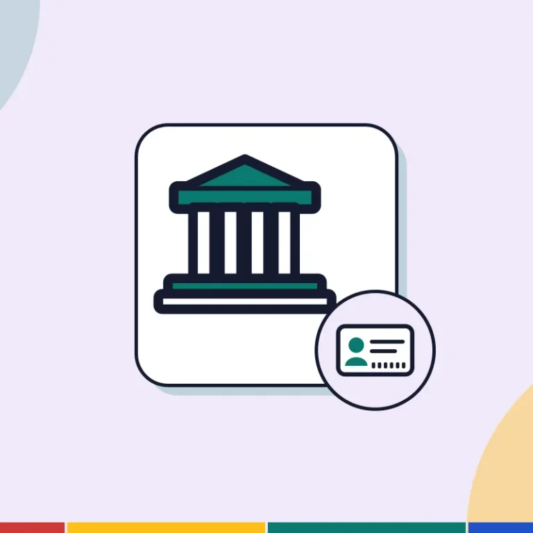 Illustration: a bank building and an identity card, for opening a bank account