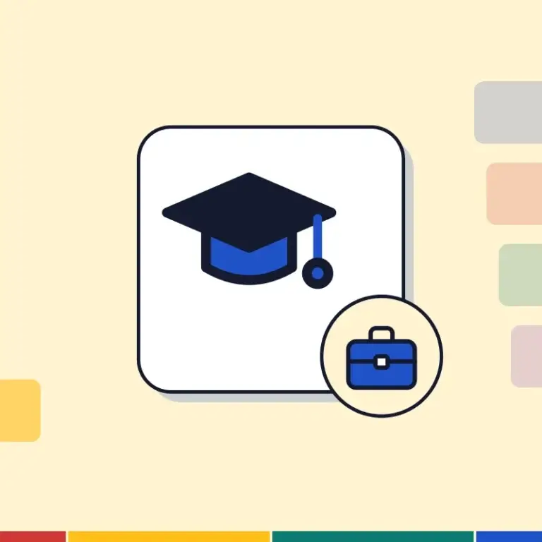 Illustration: a graduation cap and a briefcase, for work after studies