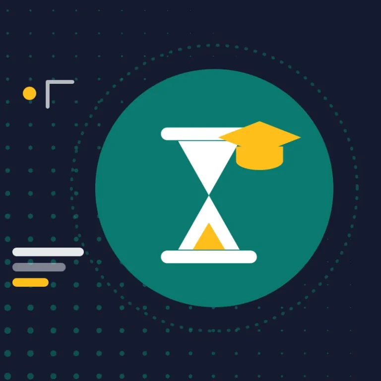 Illustration: an hourglass and a graduation cap, for a waiting period for students’ families