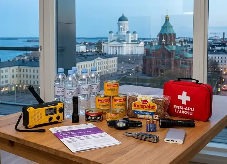 Emergency preparedness items on a table by a window overlooking Helsinki: bottled water, tinned food, a hand-crank radio, torches, a first aid kit and a printed guide