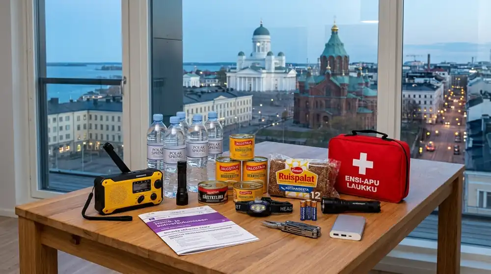 Emergency preparedness items on a table by a window overlooking Helsinki: bottled water, tinned food, a hand-crank radio, torches, a first aid kit and a printed guide