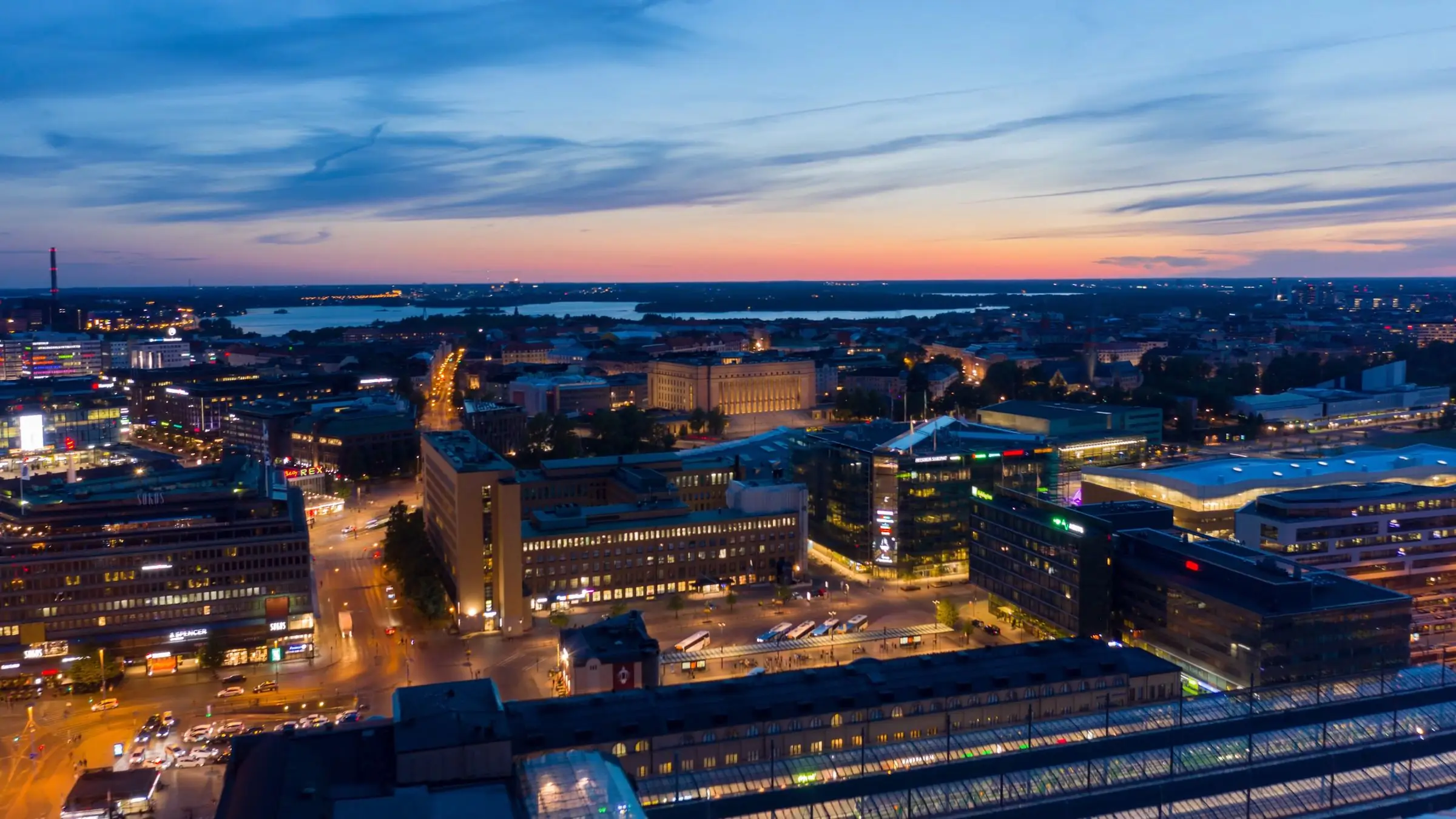 Aerial view of Helsinki at dusk as the city lights come on
